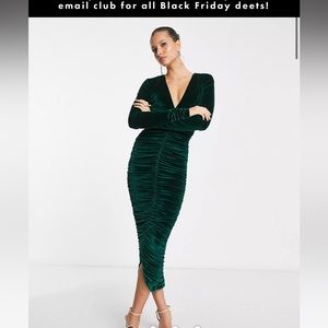 Rare London velvet plunge front ruched midi dress in green